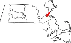 Mapa de Massachusetts con la ubicación del condado de Suffolk