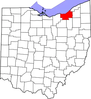 Mapa de Ohio con la ubicación del condado de Cuyahoga