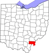 Mapa de Ohio con la ubicación del condado de Meigs