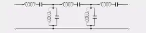 Diagrama de circuito que representa un filtro con topología de escalera. Las ramas en serie consisten de circuitos LC (tres en total) y las que están en paralelo consisten en circuitos LC en paralelo (dos en total).