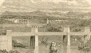 Al fondo, puente colgante de Menai (Thomas Telford, 1826). En primer plano, el puente tubular Britannia (Robert Stephenson, 1850). Vista ca. 1850.