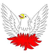 Fénix emisora (issuant), alas desplegadas y elevadas, saliendo de su nido de fuego