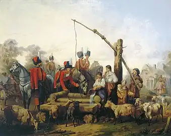 Vida de húsares dando de beber a los caballos (1853)