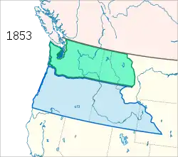 El Territorio de Washington (verde) y Territorio de Oregón (azul) en 1853.