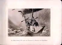 Ilustración de folleto (1910) para Luftfahrzeug-GmbH "La aeronave militar 'P&nbsp;II' informa por radio del acercamiento de un aeroplano Flyer Wright".