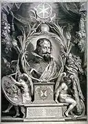En un grabado que retrata alegóricamente al conde-duque, por Paulus Pontius (c. 1632).