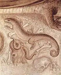 La salamandra entre los restos esparcidos por la guarida del dragón.