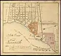 Paramáribo en 1821. El área devastada por el incendio de la ciudad de ese año se indica en marrón.