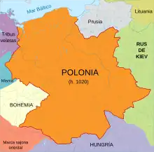 "Polonia" a principios del siglo XI separada de Lituania por los territorios del antiguo Ducado de Prusia y la Rus de Kiev.