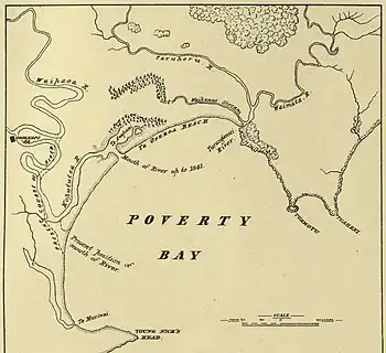 Bahía de la Pobreza en las fechas de la llegada de James Cook en octubre de 1769. Según WL Williams, 1888.