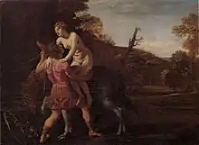 Un hombre desciende a una mujer desnuda del lomo de una criatura que no se distingue bien.