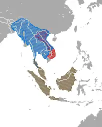 Distribución de Nycticebus spp. rojo = N. pygmaeus; azul = N. bengalensis;café = N. bancanus, N. borneaus, N. coucang, N. javanicus, N. kayan, & N. menagensis
