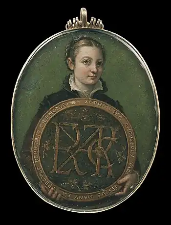 Autorretrato de Sofonisba Aguissola (1556, óleo sobre pergamino, 8,3 6,4 cm).