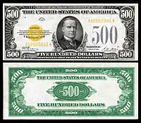 $500 Gold Certificate, Series 1928, Fr.2407, depicting William McKinley.