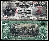 $500 National Bank Note, Original Series, Fr.464, vignette depicting Civilization; Sirius arriving in New York (obv); Surrender of General Burgoyne (rev).