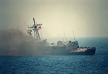 La fragata USS Stark tras el impacto de los misiles.