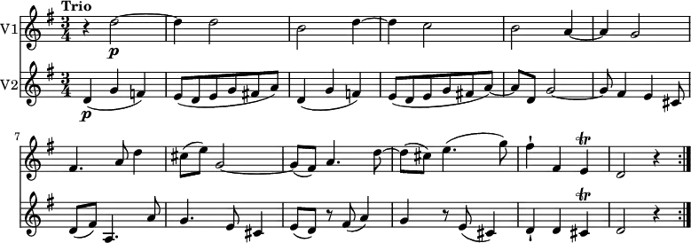 
<<
\new Staff \with {instrumentName = #"V1"
}
\relative c'' { 
\version "2.18.2"
\clef "treble" 
\tempo "Trio" 
\key g \major
\time 3/4
r4 d2 \p ~ 
d4 d2
b2 d4 ~ 
d c2
b2 a4 ~ 
a g2
fis4. a8 d4
cis8 (e) g,2 ~ 
g8 (fis) a4. d8 ~ 
d (cis) e4. (g8)
fis4-! fis, e \trill 
d2 r4 \bar ":|."
}
\new Staff \with {
         instrumentName = #"V2" }
\relative c'' {
\clef "treble" 
\tempo "Trio" 
\key g \major
\time 3/4
d,4\p (g f)
e8 (d e g fis! a)
d,4 (g f)
e8 (d e g fis! a~)
a d, g2 ~
g8 fis4 e cis8
d (fis) a,4. a'8
g4. e8 cis4
e8 (d) r8 fis8 (a4)
g r8 e8 (cis4)
d-! d cis \trill 
d2 r4 \bar ":|."
 }
>>

