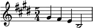 \relative c'' {\time 5/4 \key e \major gis4 fis e b2 |}