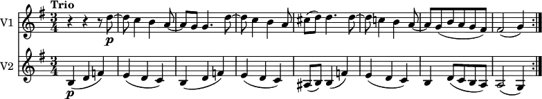 <<
\new Staff \with { instrumentName = #"V1 "}
\relative c'' {
\version "2.18.2"
\key g \major
\tempo "Trio"
\tempo 4 = 100
\time 3/4
r4 r r8 d8 \p ~ d c4 b a8 ~ a g
g4. d'8 ~ d c4 b a8
cis (d) d4. d8 ~ d
c!4 b a8 ~ a
g (b a g fis)
fis2 (g4) \bar ":|."
}
\new Staff \with { instrumentName = #"V2 "}
\relative c'' {
\key g \major
\clef "treble"
\time 3/4
b,4 \p (d f)
e (d c)
b (d f)
e (d c)
ais8 (b) b4 (f')
e (d c)
b d8 (c b a)
a2 (g4) \bar ":|."
}
>>