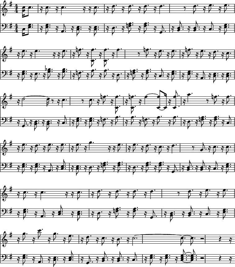 << <<
\new Staff { \clef treble \time 4/4 \partial 4 \key g \major \set Staff.midiInstrument = "piano" \set Score.tempoHideNote = ##t \override Score.BarNumber #'transparent = ##t
\relative g'
<< { \clef "treble" \numericTimeSignature\time 4/4 \key c \major | % 1
\tempo "" 4=100 \stemDown <g c>16 \stemDown c8. r16 \stemDown c8. r16
\stemDown c4. r16 | % 2
r16 \stemDown c8. r16 \stemDown d8. r16 \stemDown d8. r16 \stemDown
d8. | % 3
r16 \stemDown d4. r8 \stemDown d8. r16 \stemDown e8. | % 4
r16 \stemDown e8. r16 \stemDown e8. r16 \stemDown e4. r16 | % 5
r16 \stemDown e8. r16 \stemDown f8. r16 \stemDown <c, f'>8. r16
\stemDown <c f'>8. | % 6
r16 \stemDown f'4. r8 \stemDown f8. r16 \stemDown e8. | % 7
r16 \stemDown e8. r16 \stemDown f8. r16 \stemDown e8. r16 \stemDown
d8. | % 8
r16 \stemDown c8. r16 \stemDown d2 ~ \stemDown d16 r8 | % 9
r16 \stemDown c4. r8 \stemDown c8. r16 \stemDown f8. |
\barNumberCheck #10
r16 \stemDown <c, f'>8. r16 \stemDown <c f'>8. r16 \stemDown f'4 ~
\stemUp <f c,>8 ~ \stemUp c,16 | % 11
r16 \stemUp <f' c,>8. r16 \stemDown a4. r8 \stemDown f8. | % 12
r16 \stemDown f8. r16 \stemDown e8. r16 \stemDown d8. r16 \stemDown
e8. | % 13
r16 \stemDown e8. r16 \stemDown e8. r16 \stemDown g4. r16 | % 14
r16 \stemDown e8. r16 \stemDown e8. r16 \stemDown d8. r16 \stemDown
c8. | % 15
r16 \stemDown d4. r8 \stemUp g,8. r16 \stemDown c8. | % 16
r16 \stemDown c8. r16 \stemDown c8. r16 \stemDown c4. r16 | % 17
r16 \stemDown c8. r16 \stemDown d8. r16 \stemDown d8. r16 \stemDown
d8. | % 18
r16 \stemDown d4. r8 \stemDown d8. r16 \stemDown e8. | % 19
r16 \stemDown e8. r16 \stemDown g8. r16 \stemDown c8. r16 \stemDown
g8. | \barNumberCheck #20
r16 \stemDown e8. r16 \stemDown d8. r16 \stemDown c8. r16 \stemDown
b8. | % 21
r16 \stemDown c2. ~ \stemDown c8. ~ | % 22
\stemDown c8. r2 r4 r16 }
>>
}
\new Staff { \clef bass \key g \major \set Staff.midiInstrument = "bass"
\relative c
<< { \clef "bass" \numericTimeSignature\time 4/4 \key c \major | % 1
\stemDown c16 \stemDown <g' e>8. r16 \stemDown <g e>8. r16 \stemUp
a,8. r16 \stemDown <c e>8. | % 2
r16 \stemDown <c e>8. r16 \stemDown d8. r16 \stemDown <a' f>8. r16
\stemDown <f a>8. | % 3
r16 \stemUp g,8. r16 \stemUp <d' b>8. r16 \stemUp <d b>8. r16
\stemUp c8. | % 4
r16 \stemDown <g' e>8. r16 \stemDown <g e>8. r16 \stemDown e8. r16
\stemDown <g bes>8. | % 5
r16 \stemDown <bes g>8. r16 \stemDown f8. r16 \stemDown a8. r16
\stemDown a8. | % 6
r16 \stemDown d,8. r16 \stemDown <f a>8. r16 \stemDown <a f>8. r16
\stemUp c,8. | % 7
r16 \stemDown <e g>8. r16 \stemDown <g e>8. r16 \stemUp a,8. r16
\stemDown <c e>8. | % 8
r16 \stemDown <c e>8. r16 \stemUp g8. r16 \stemDown <b d>8. r16
\stemDown <b d>8. | % 9
r16 \stemUp c8. r16 \stemDown <g' e>8. r16 \stemDown <g e>8. r16
\stemDown f8. | \barNumberCheck #10
r16 \stemDown a8. r16 \stemDown a8. r16 \stemDown f8. r16 \stemDown
a8. | % 11
r16 \stemDown a8. r16 \stemDown d,8. r16 \stemDown <f a>8. r16
\stemDown <f a>8. | % 12
r16 \stemUp c8. r16 \stemDown <g' e>8. r16 \stemDown <g e>8. r16
\stemUp a,8. | % 13
r16 \stemUp <e' c>8. r16 \stemDown <c e>8. r16 \stemDown d8. r16
\stemDown <a' f>8. | % 14
r16 \stemDown <a f>8. r16 \stemDown d,8. r16 \stemDown <a' fis>8. r16
\stemDown <a fis>8. | % 15
r16 \stemUp g,8. r16 \stemUp <d' b>8. r16 \stemUp <d b>8. r16
\stemUp c8. | % 16
r16 \stemDown <g' e>8. r16 \stemDown <g e>8. r16 \stemUp a,8. r16
\stemUp <e' c>8. | % 17
r16 \stemDown <c e>8. r16 \stemDown d8. r16 \stemDown <a' f>8. r16
\stemDown <f a>8. | % 18
r16 \stemUp g,8. r16 \stemDown <b d>8. r16 \stemUp <d b>8. r16
\stemUp c8. | % 19
r16 \stemDown <g' e>8. r16 \stemDown <e g>8. r16 \stemUp a,8. r16
\stemDown <c e>8. | \barNumberCheck #20
r16 \stemUp <e c>8. r16 \stemUp g,8. r16 \stemUp <d' b>8. r16
\stemUp <d b>8. | % 21
r16 \stemUp c8. r16 \stemDown <e g>8. r16 \stemDown <e g>8. r16
\stemUp <e g c,>8. ~ ~ ~ | % 22
\stemUp <e g c,>8. r2 r4 r16 } >>
}
>> >>
\layout { indent = #0 }
\midi { \tempo 4 = 90 }
