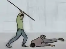 Ilustración que muestra a un integrante del grupo paramilitar Los Halcones golpeando con una vara de bambú a un manifestante caído en el suelo, en la represión del 10 de junio de 1971 en la Ciudad de México.