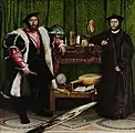Anamorfismo: Los embajadores, obra de Hans Holbein el Joven, 1533, con una calavera fuertemente distorsionada